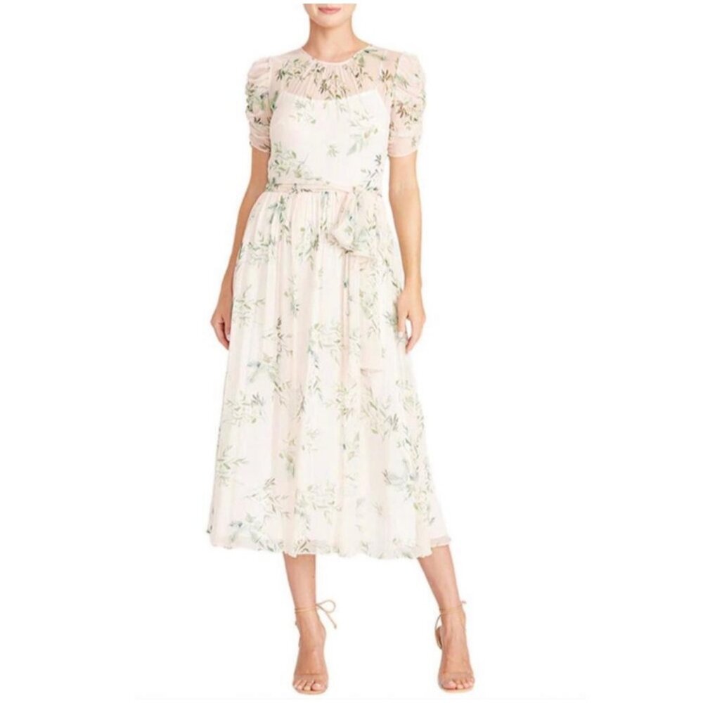 ML Monique Lhuillier Short Sleeve Floral Midi Dress in Cherry Blossom